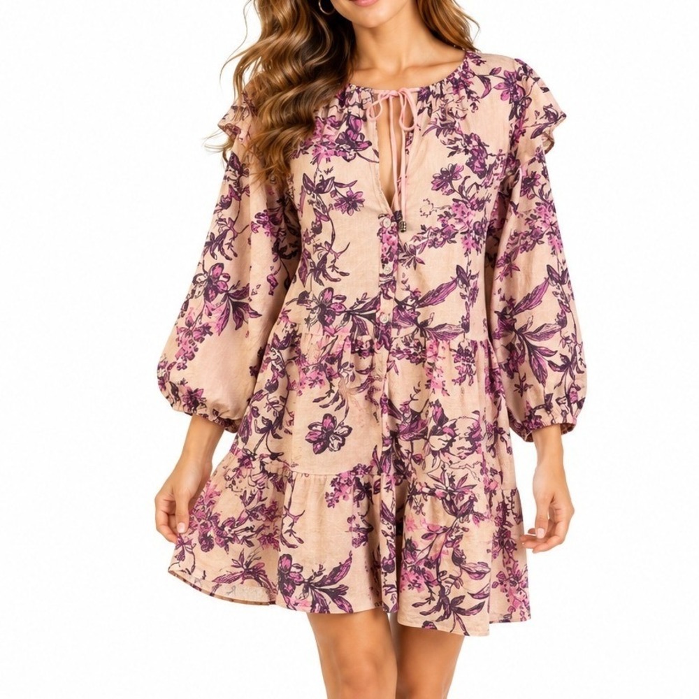Free People Floral Tiered Boho Babydoll Mini Dress Peach Purple Balloon Sleeve S